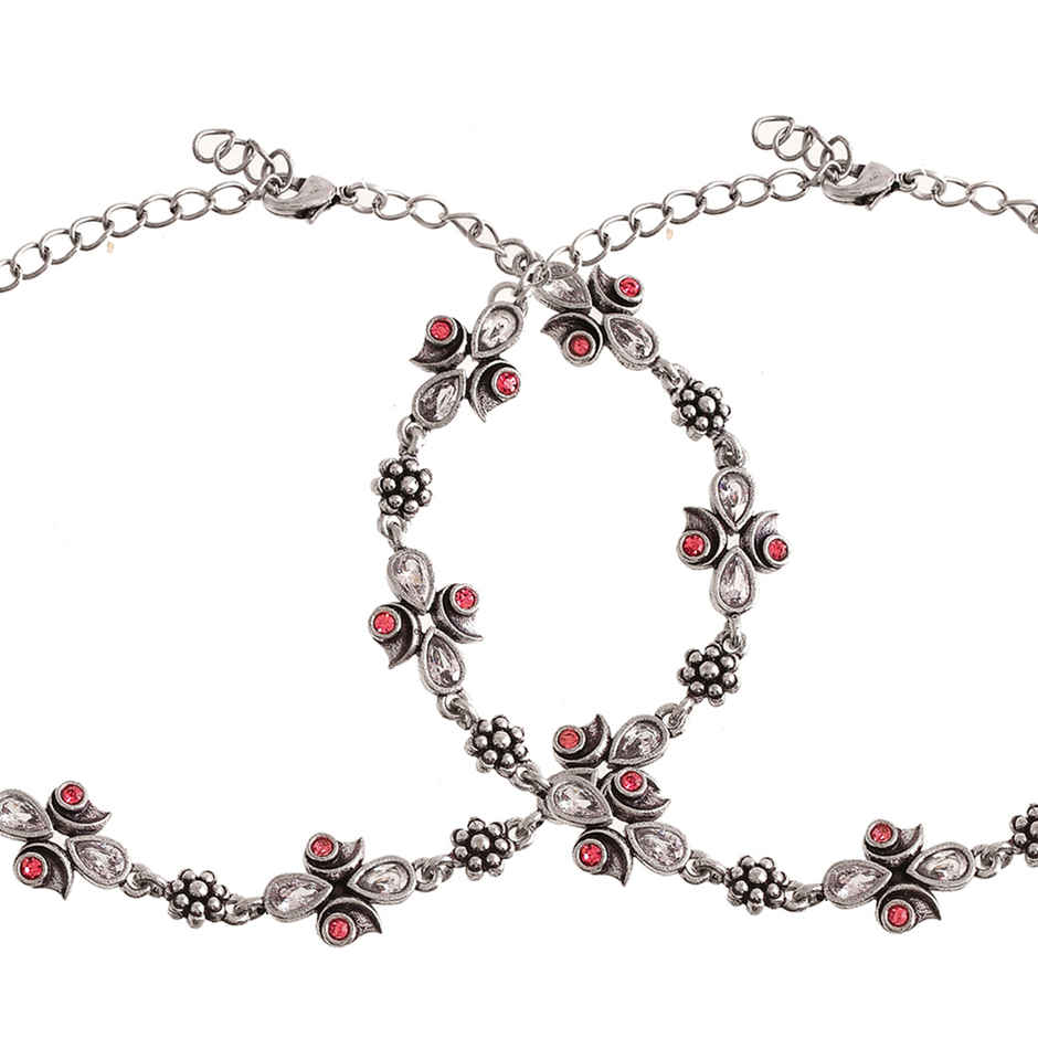 Voylla Abharan Silver Plated Pink And White Stones Anklets
