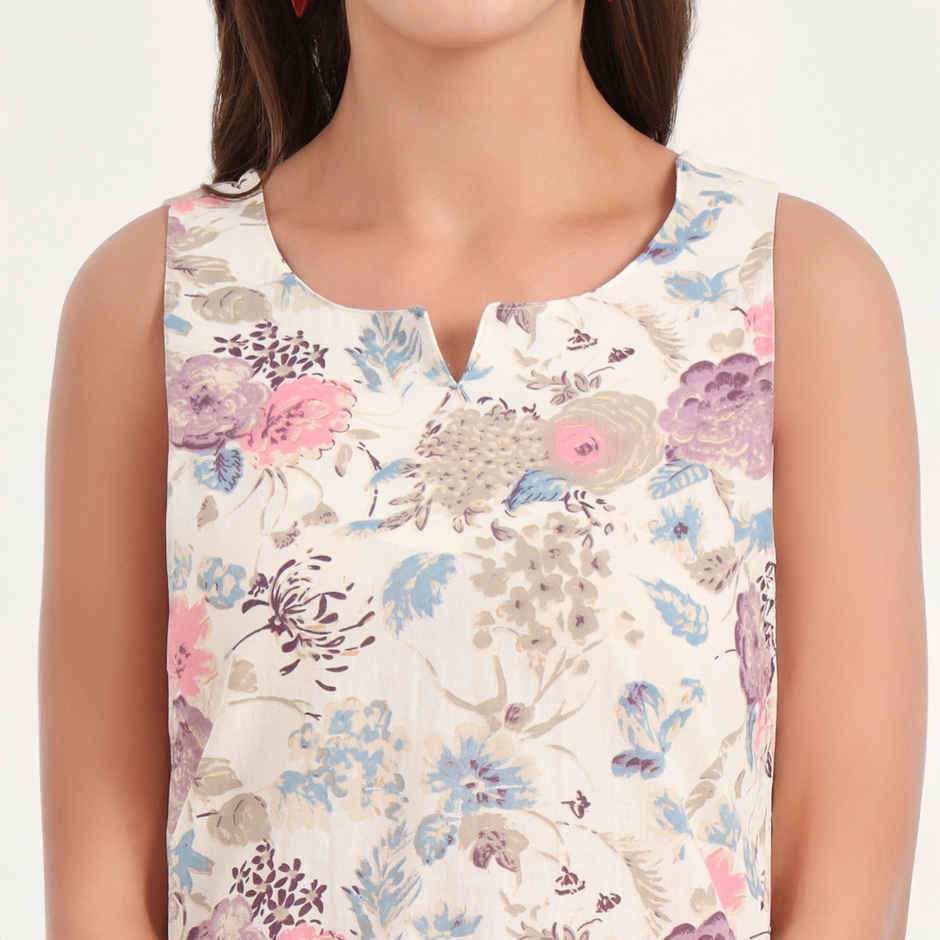 Divena Women's Cotton Floral Printed Night Suits | DK0292 | Cream - M