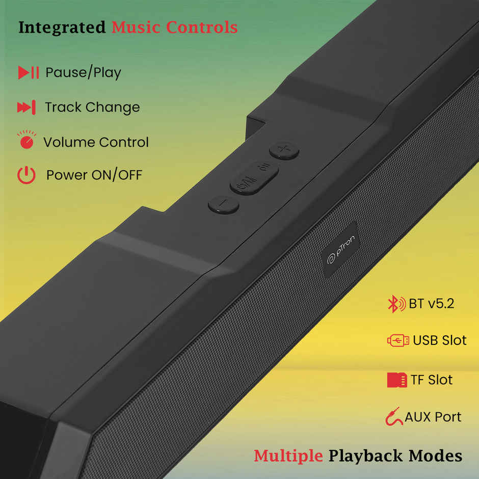pTron Fusion Evo V4 16W Bluetooth Soundbar w/ 19Hrs Playtime, Multi-Playback Modes | Graphite Black