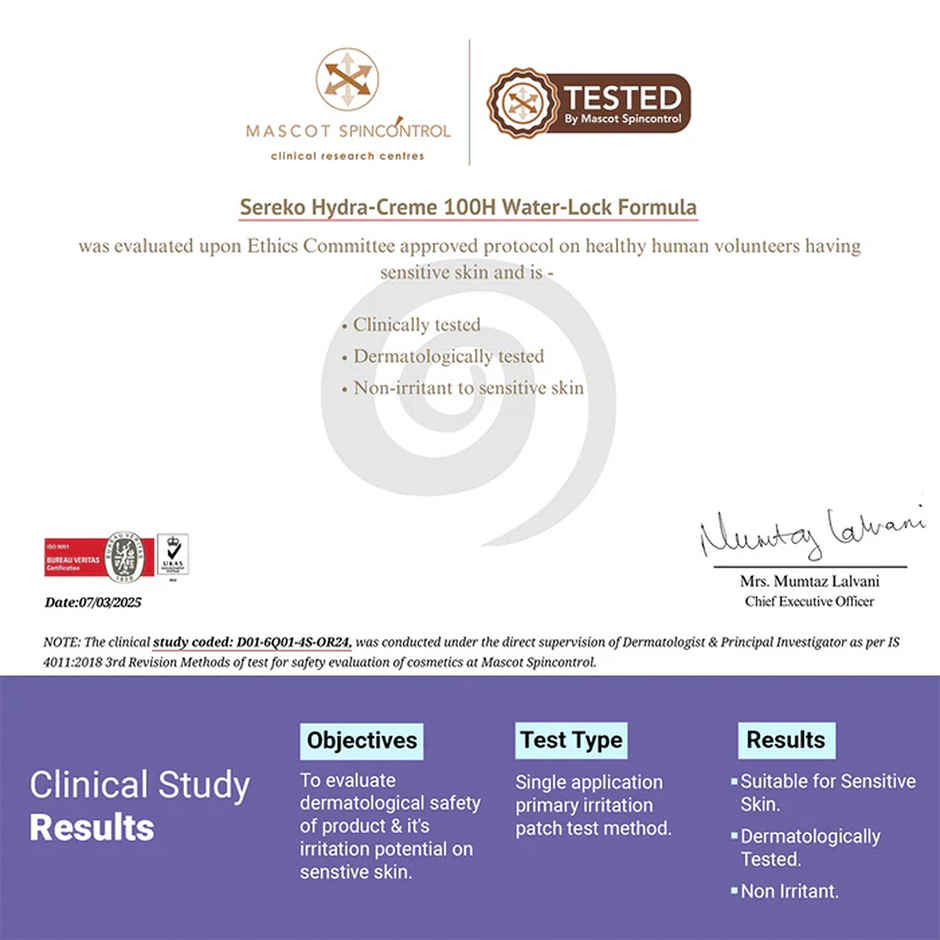 SEREKO HydraCreme 100H Water Lock Formula Ceramides&Peptides Barrier Repair Moisturizer