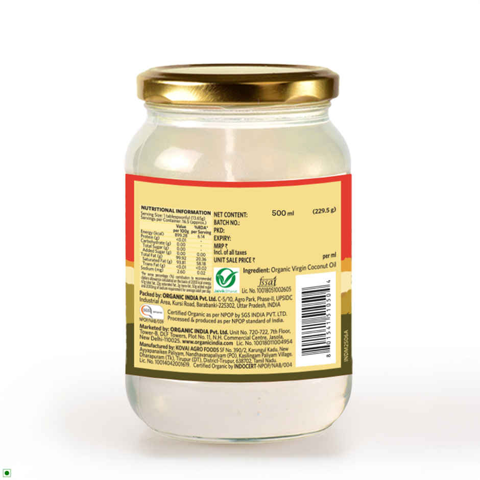 A TATA Product - Organic India Virgin Coconut Oil, Certified Organic, Lab Tested on 600+ Parameters