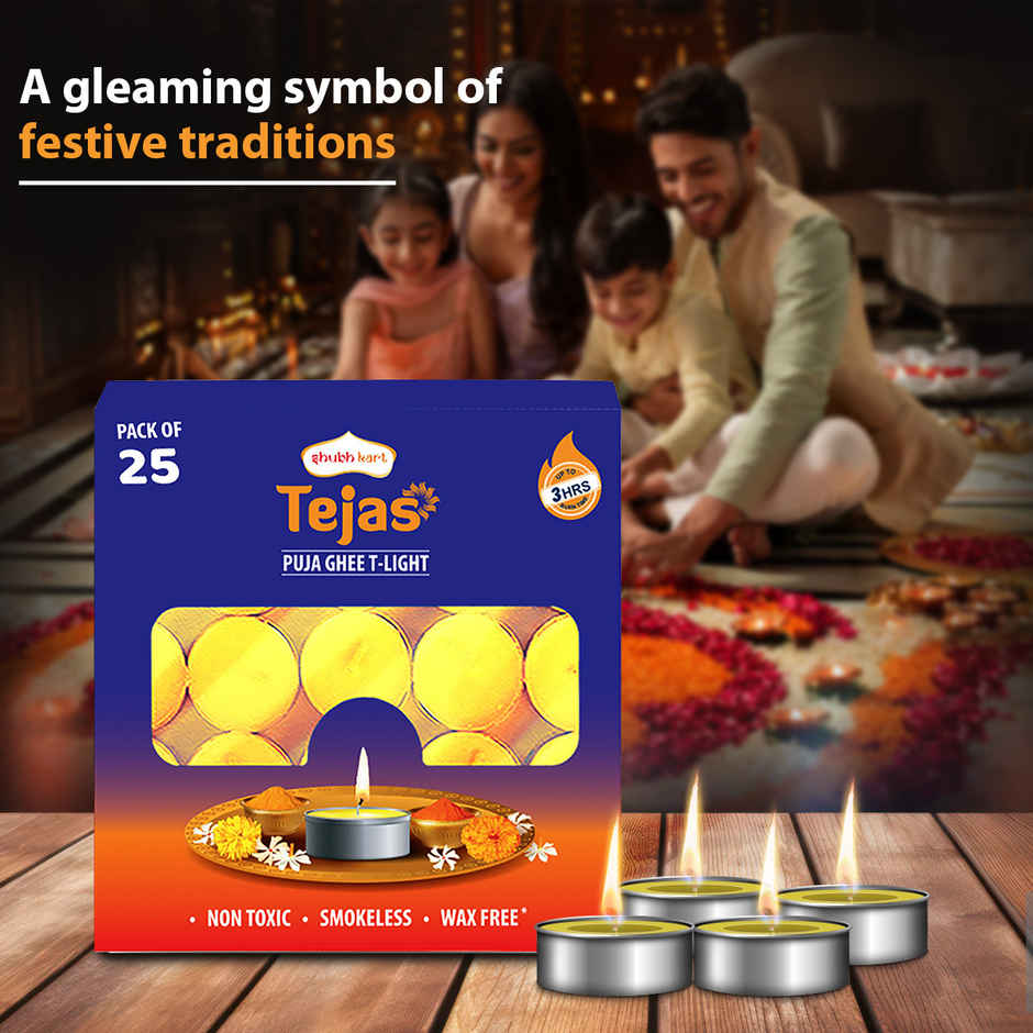 Tejas Puja Ghee T-Light Candles | Yellow | Wax | Pack of 25 | Tealight Candle-Pooja | Shubhkart