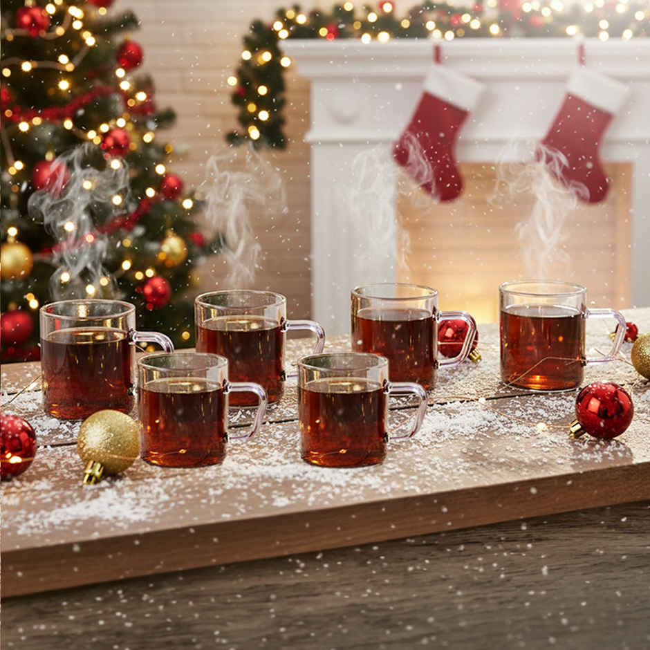 Borosil Vision Classic Mug Set With Pink Handle (190 ml) | Borosillicate Glass | Microwave Safe