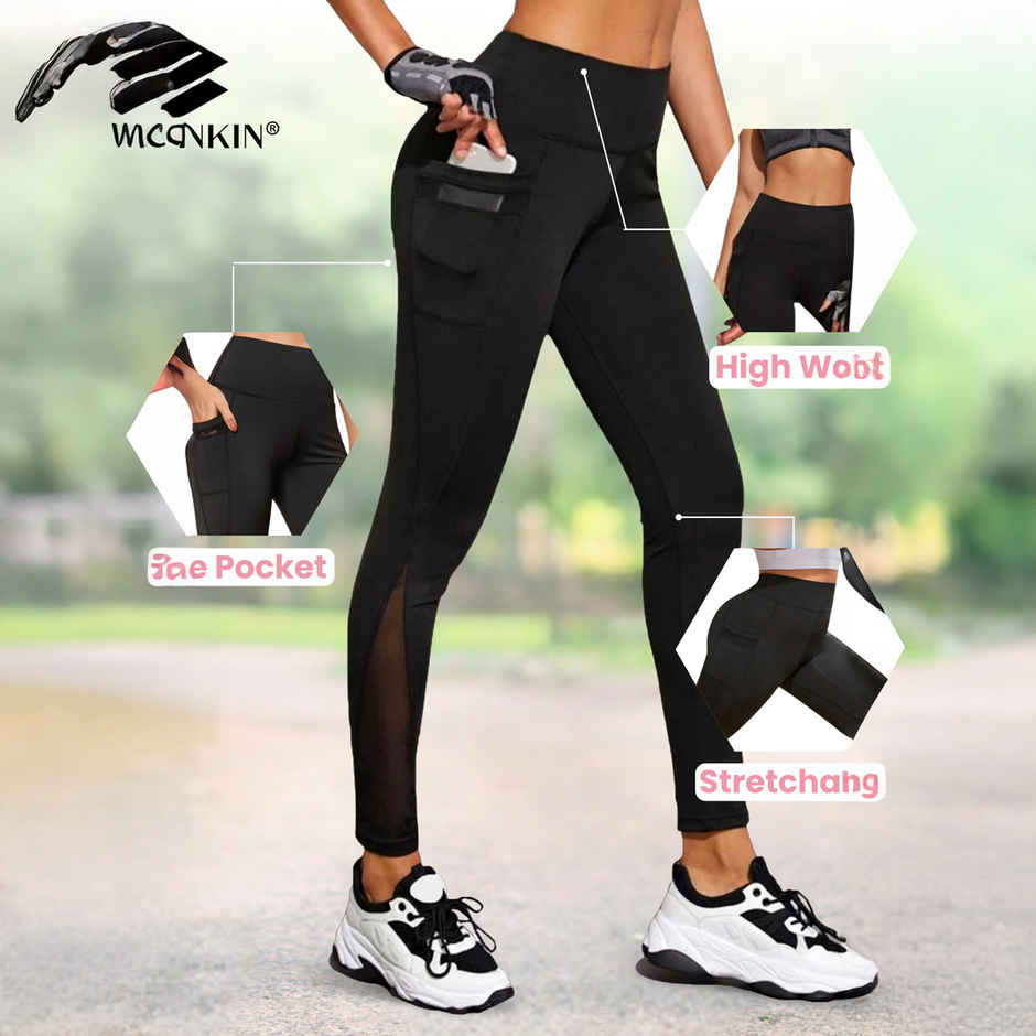 Blinkin Women's Gym Pants & Tights - Black | Stretchable | With Mesh Insert & Side Pockets | L