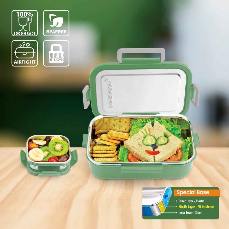 SignoraWare Buster Steel Lunch Box | 850ml + 130ml | E Green