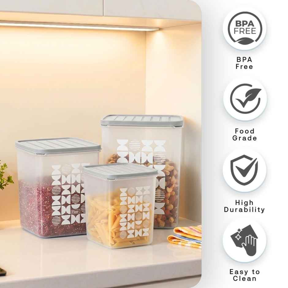 FLAIR Plastic Storewell Square Containers Set | Grey - 2 L , 3L & 4 L