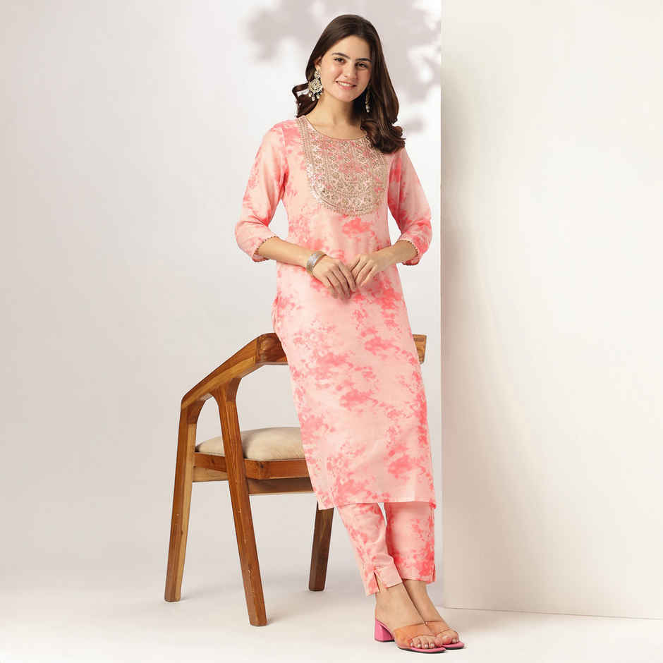 Janasya Women's Silk Blend Tie & Dye Yoke Embroidered Straight Kurta Pant Set | Peach - XL