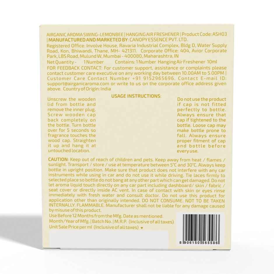 Airganic Aroma Swing - Lemon Bee 10 Ml | Essential Oils in Glass Bottle with Wooden Lid