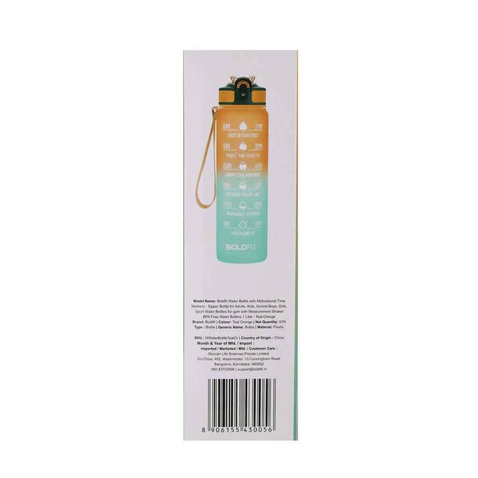 Boldfit Plastic Water Bottle with Motivational Time Markers | Teal and Orange | 1 L