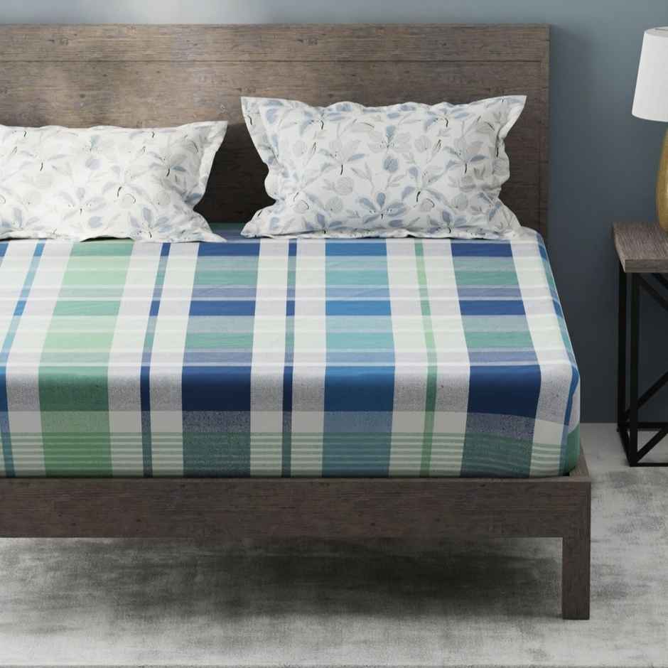Kopa Bamboo Micro King Bedsheet With 2 Pillow Covers | Set of 3 | Santiago Checks | Mint, Blue