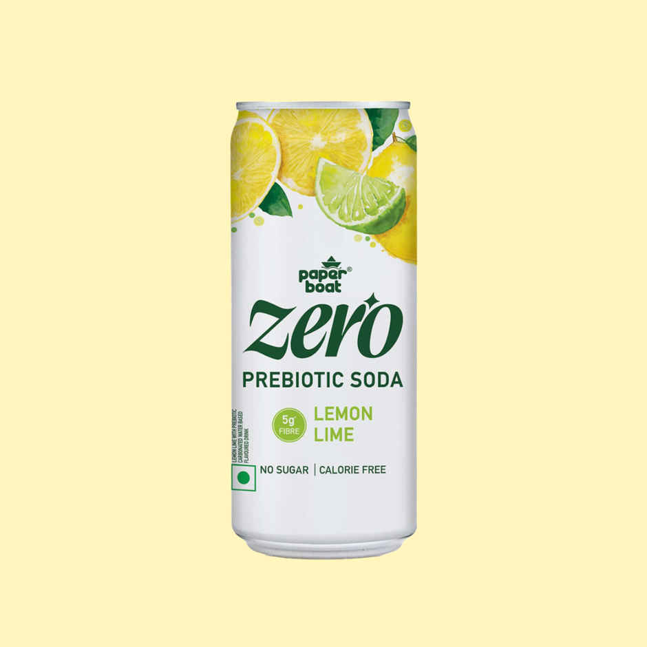 Paper Boat Zero Prebiotic Soda Lemon Lime, 5g Fibre, Caffeinated Sugar Free Cold Drink