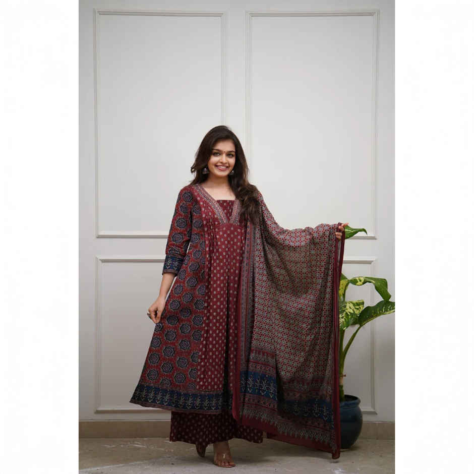 GoSriKi Women's Viscose Rayon Anarkali Printed Kurta with Pant & Dupatta | NAKULA | Wine - XL