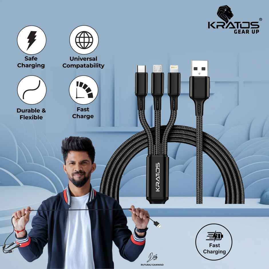 Kratos Unbreakable 1.2 Mtr Nylon Braided 3 in 1 Charging Cable with Type C, Lightning, Micro USB Port, Charging Cable compatible for iPhone,Samsung,OnePlus & Other Smartphones, 1 Meter - Black