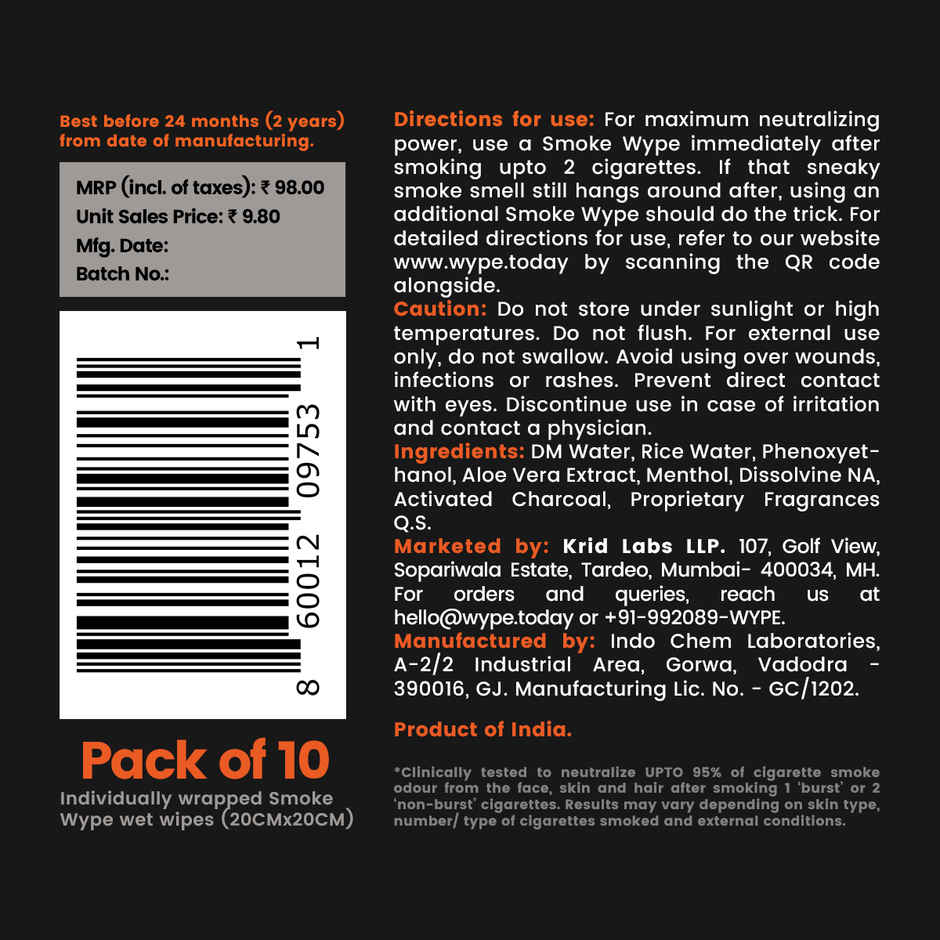 Wype - After - Smoke Odour Neutralizing and Refreshing Wet Tissue