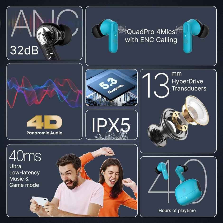 pTron Zenbuds 1 V2 32dB ANC TWS Earbuds | 4 Mic ENC Calls | 40H Playtime | 40ms Game/Music - Blue