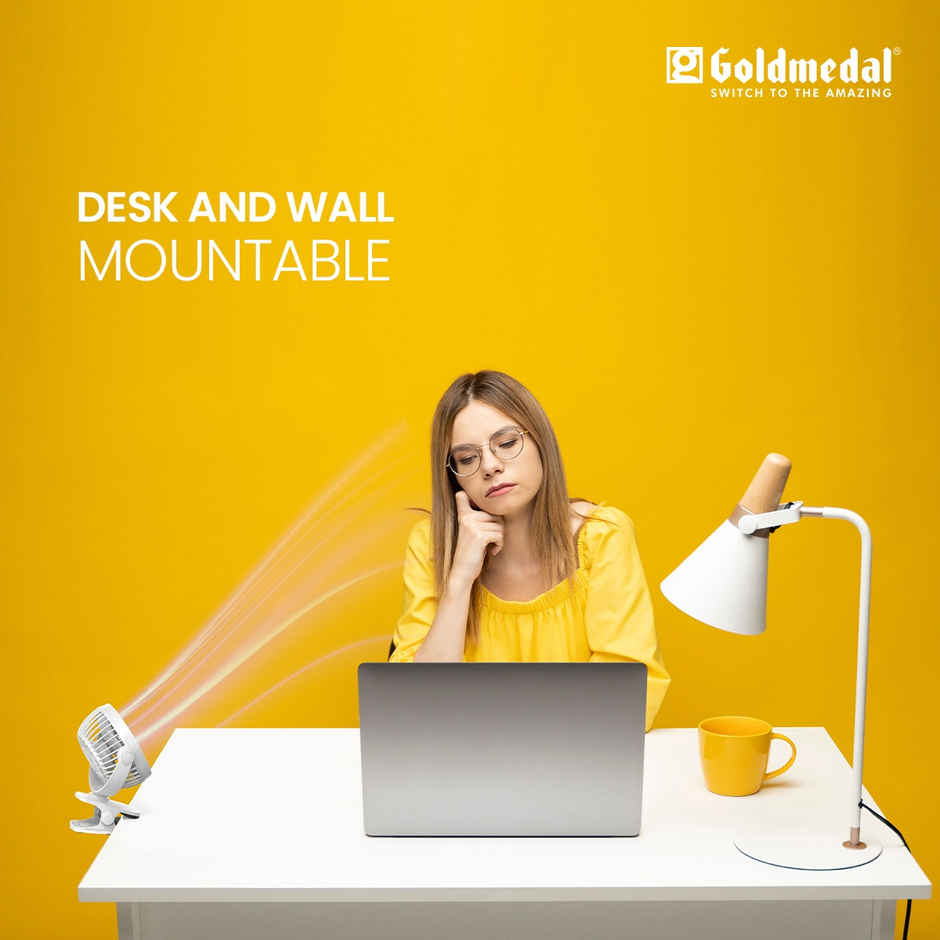 Goldmedal i-Fan 100mm Mini Portable Clip Fan | USB Charging | Desk Mountable & Multi-Clip Function | 3 Speed Modes (White)