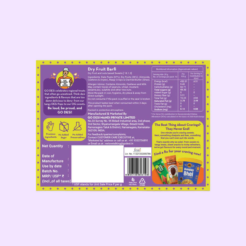GO DESi Dry Fruit Barfi | 93% Dry Fruit | No Added Sugar