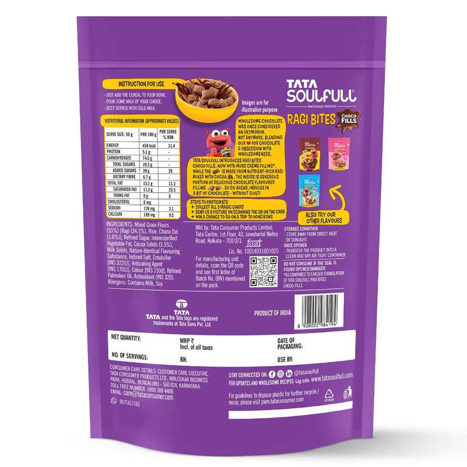 Tata Soulfull Ragi Bites Choco Fills, No Maida, More Cream Filling, Kids Cereal