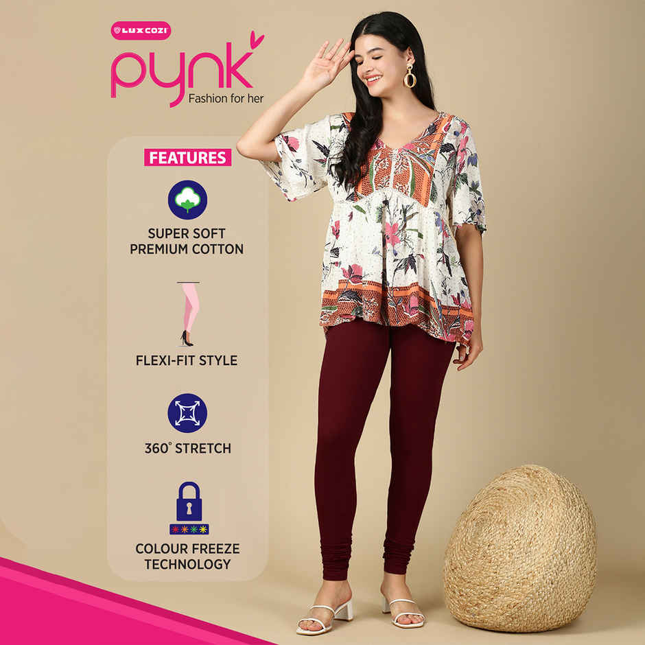 PYNK By Lux Cozi Women Ultra Soft 360 Stretch Premium Cotton Churidar Leggings | Maroon | Free Size