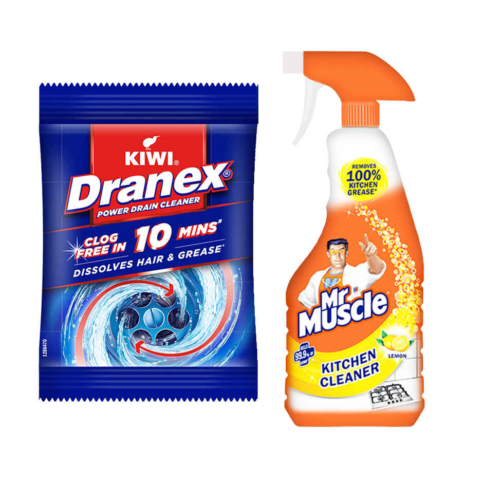 Mr. Muscle Kiwi Dranex Drain Cleaner Powder | Removes Clogs, Blockages In Just 30 Minutes (50g) & Mr. Muscle Kitchen Cleaner Spray, Fresh Lemon (450ml) Combo