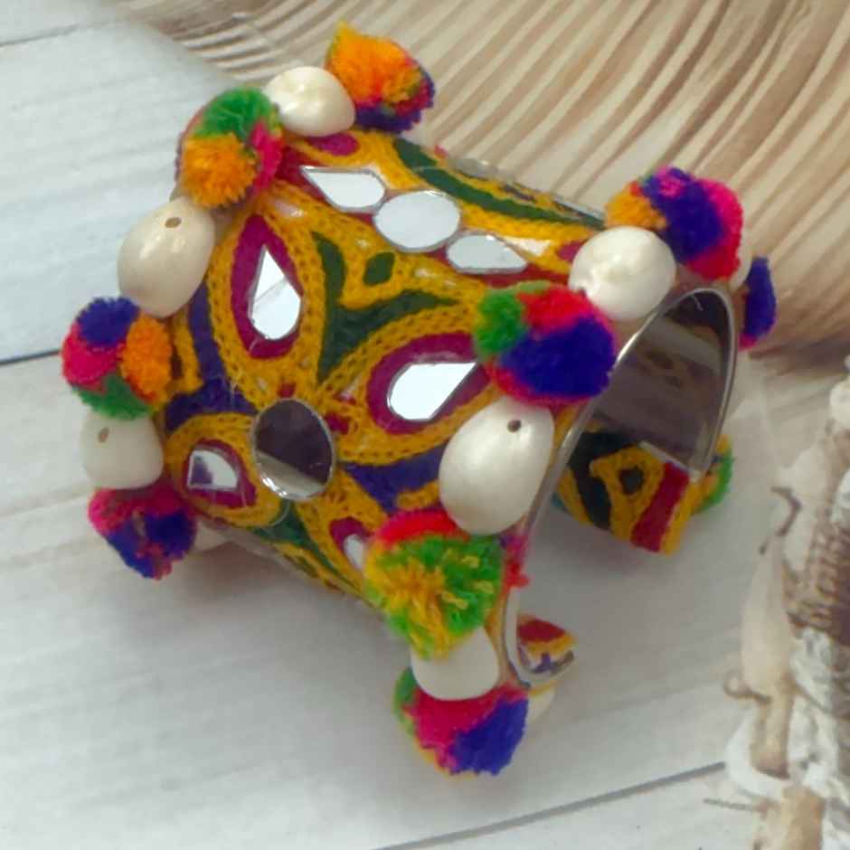 The Opal Factory Thread work Multicolour Flexible Bangle Kada with Pom Poms and Cowrie | Free Size