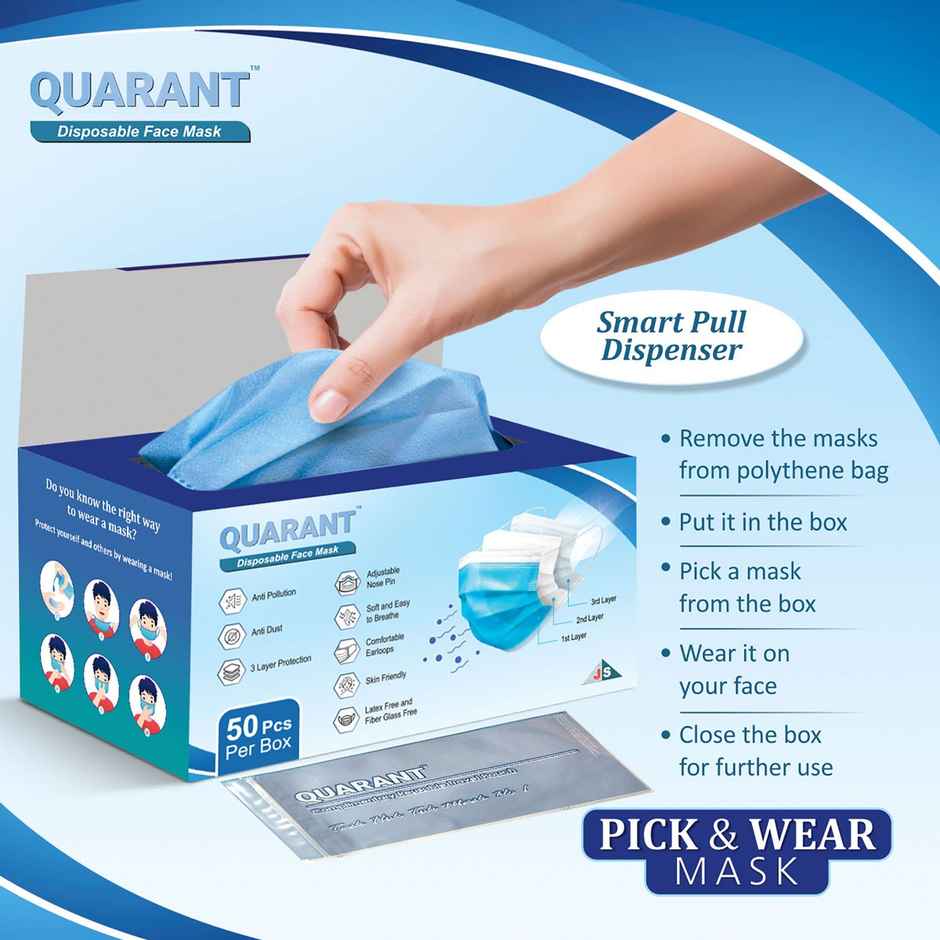 Quarant 3 Ply Disposable Anti-Pollution Face Mask With Reusable Travel Pouch | Blue - Pack Of 50