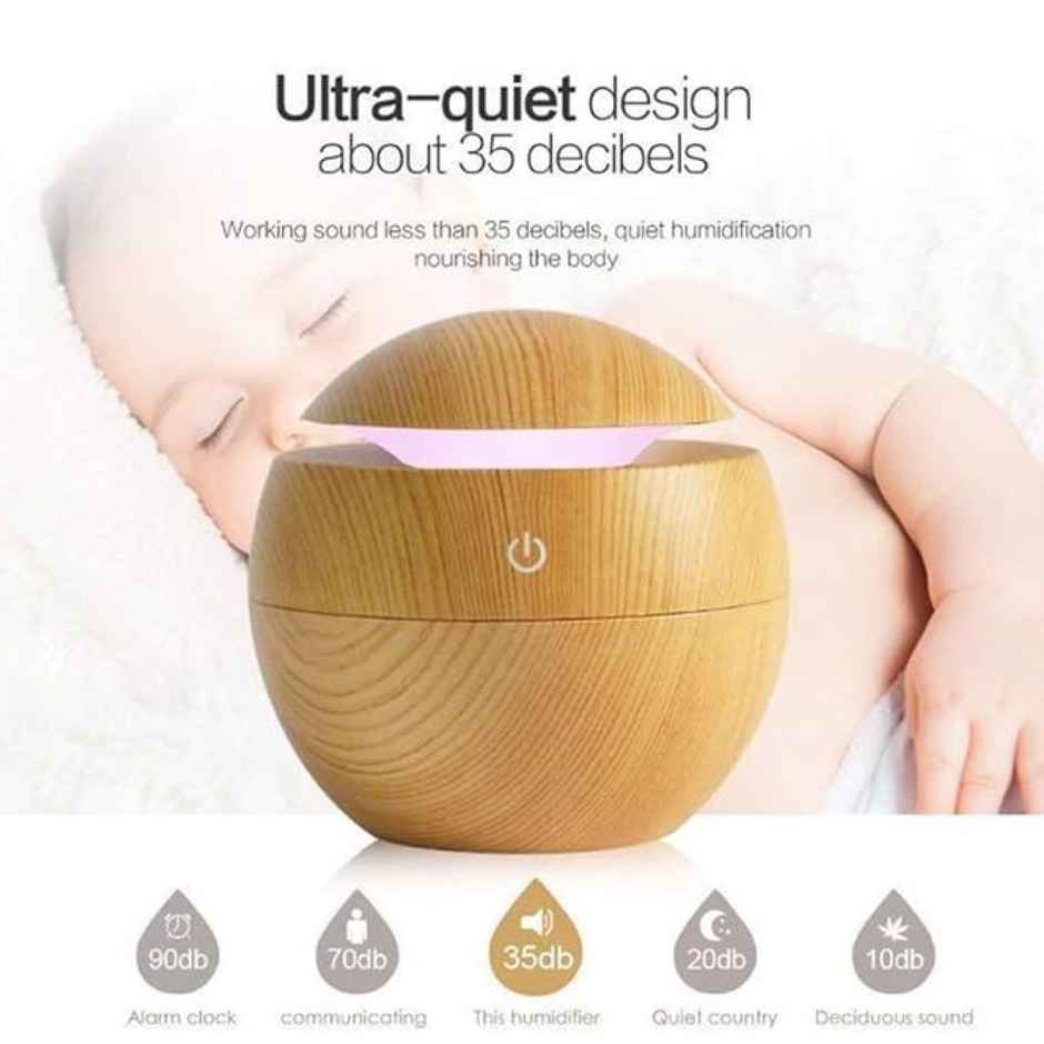 DesiDiya 12Watt Round Magic Wooden Cool Mist Humidifier - Essential Oil Diffuser with LED Night Light for Car, Office, Home | One Click Controls - Beige