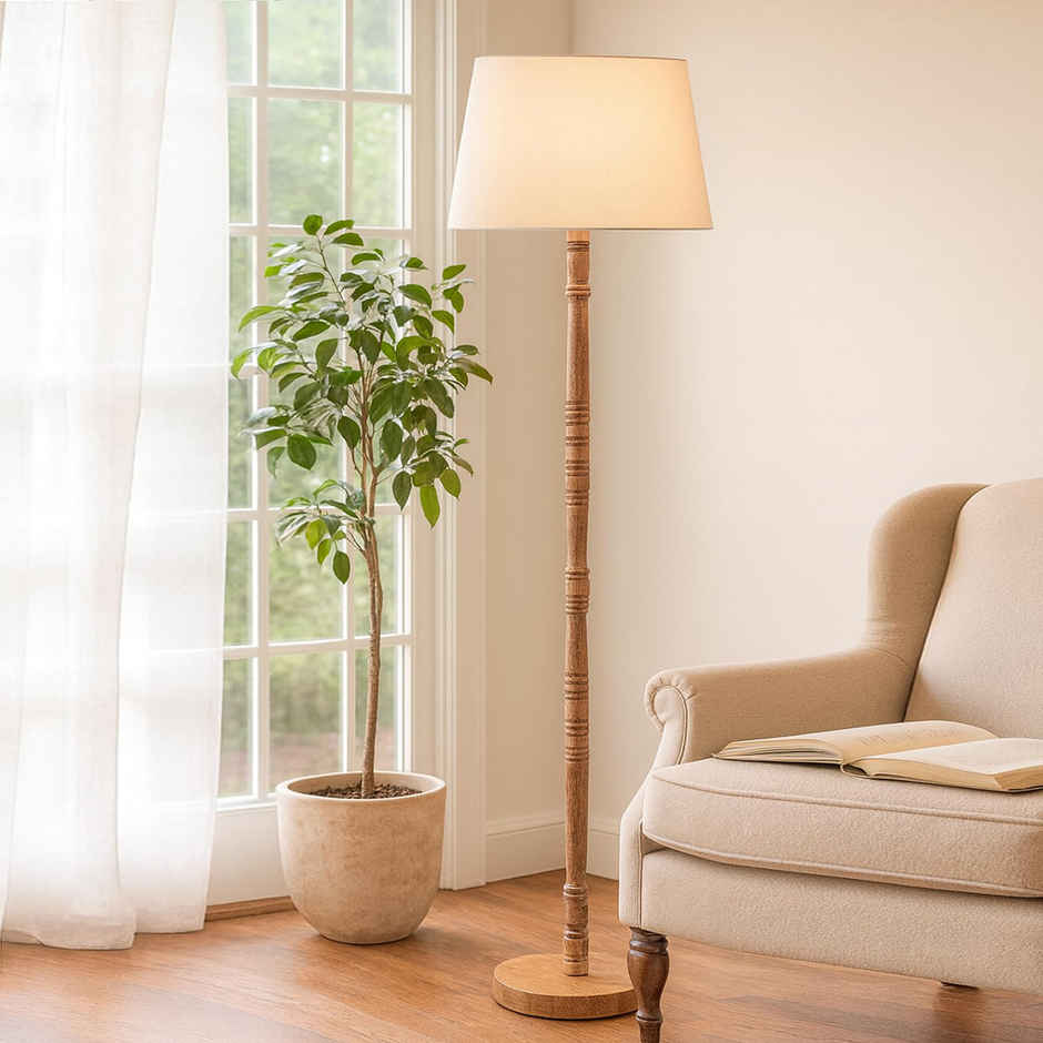 Homesake Mid-Century Wooden Floor Lamp with White Fabric Shade, Modern Standing Light