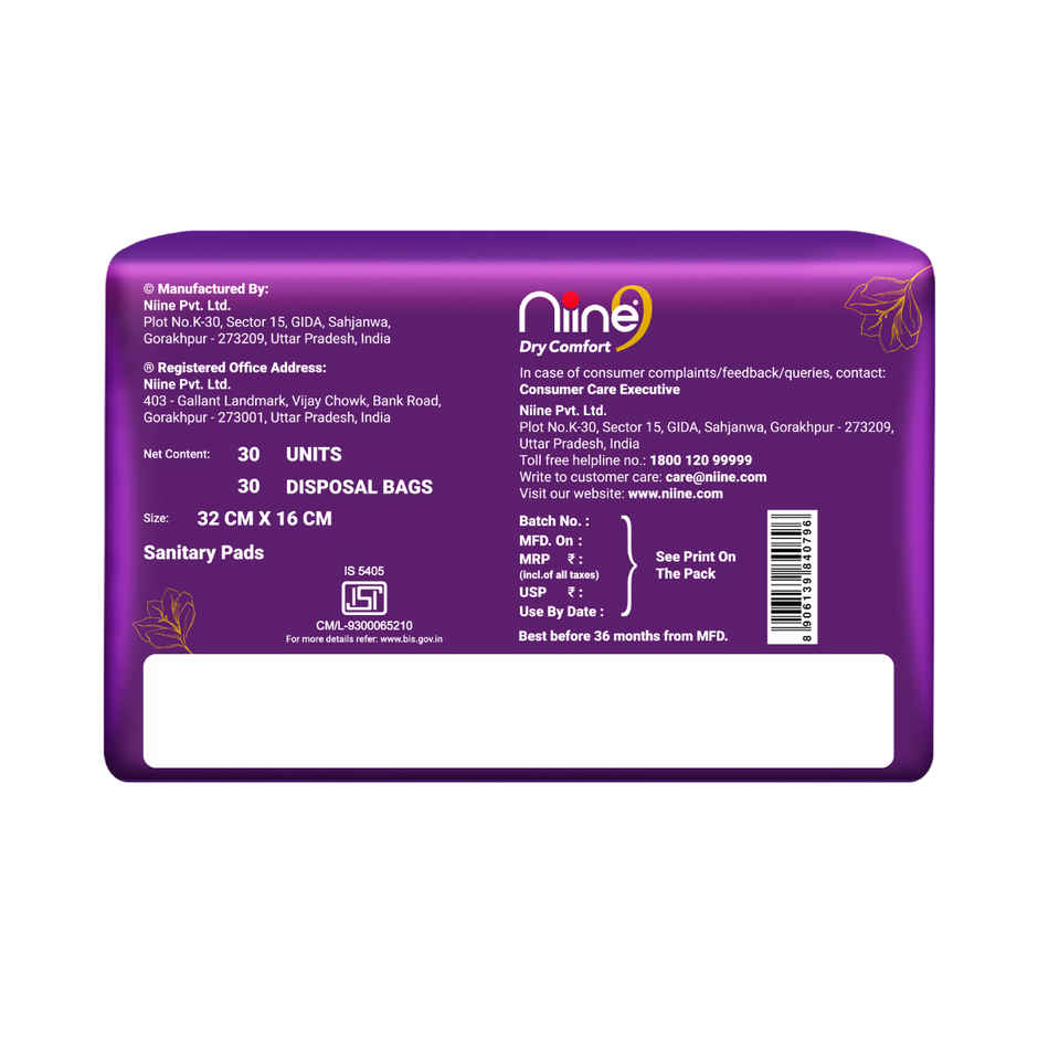 Niine Dry Comfort Ultra Thin XL | 320 mm 30 Pads with Biodegradable Bags