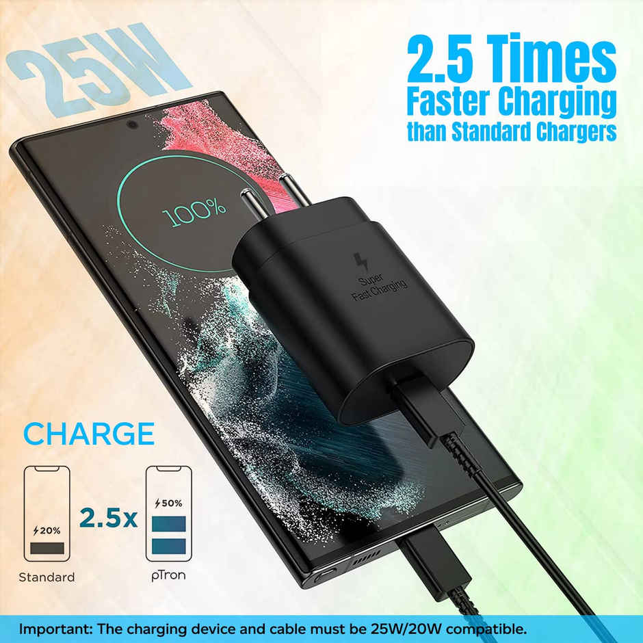 pTron Volta FC17 25W Type-C to Type-C PD Superfast Charger Compatible For Samsung Phones - Black