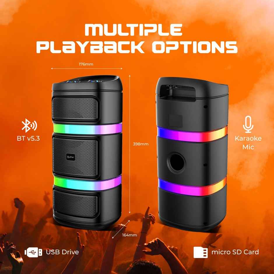 pTron Fusion Quad v2 40W Bluetooth Karaoke Party Speaker | RGB Light | 6Hrs Playtime - Satin Black