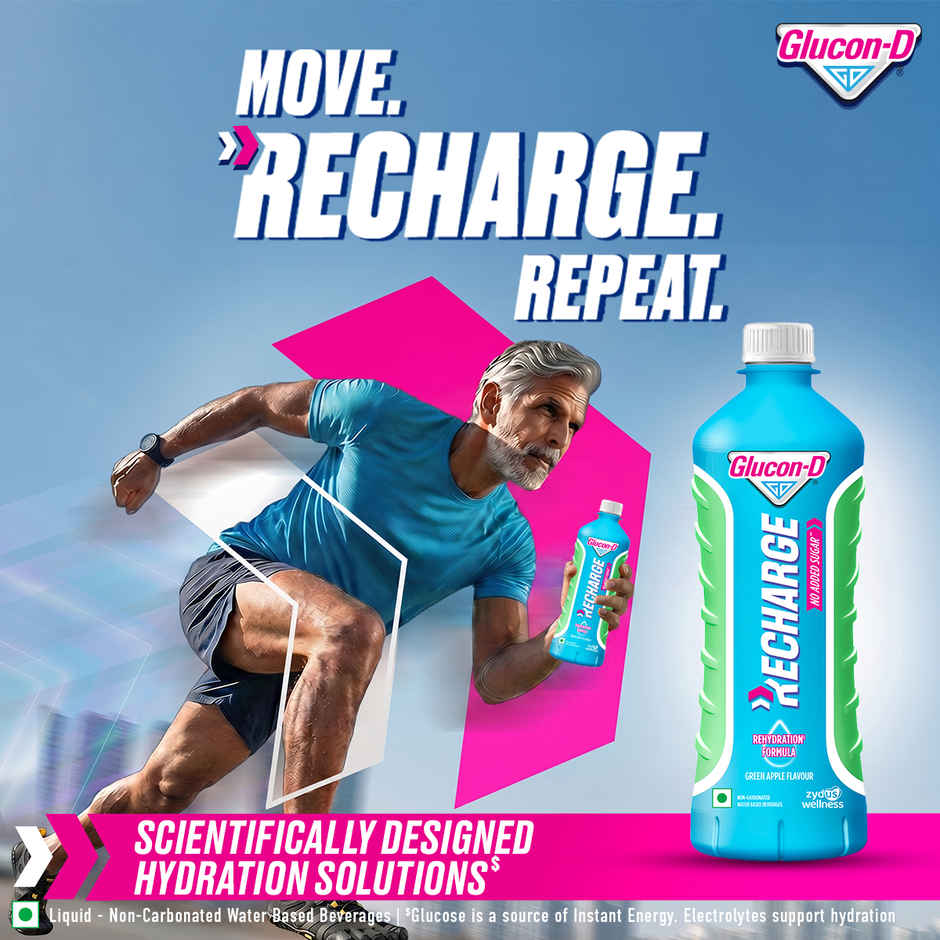 Glucon-D Recharge | No Added Sugar, Green Apple, Hydration & Energy Drink