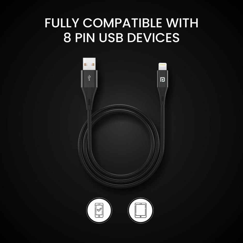 Portronics Konnect X USB to 8 Pin/Lightning Fast Charging Cable with 3A Output,Data Sync,Nylon Braided,Aluminium Alloy Shell,Compatible With iPhone 14,13,12,11,X, 8 Pro/Pro Max Series,iPad - Black