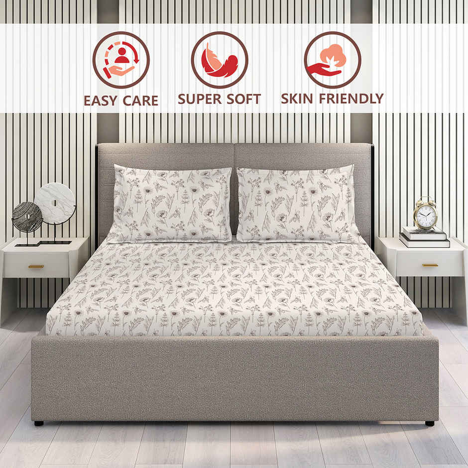 Layers Lumina Floret 100% Cotton 144 TC Grey & White King Bedsheet with 2 Pillow Covers