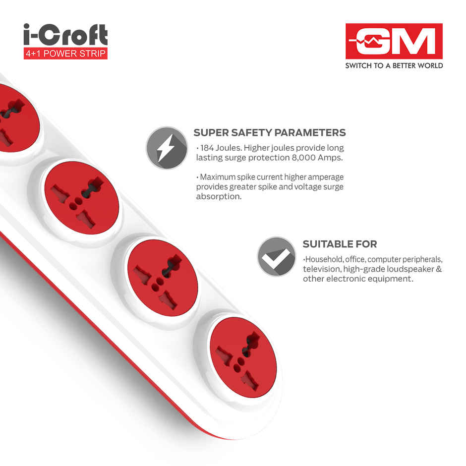 GM 3253 I-Croft 4+1 Power Strip - Master Switch | Indicator | Safety Shutter