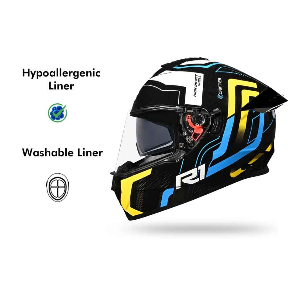 Studds Drifter D4-R1 ISI-DOT Certified Full Face Helmet | Dual Visor & Spoiler |Black Yellow - L
