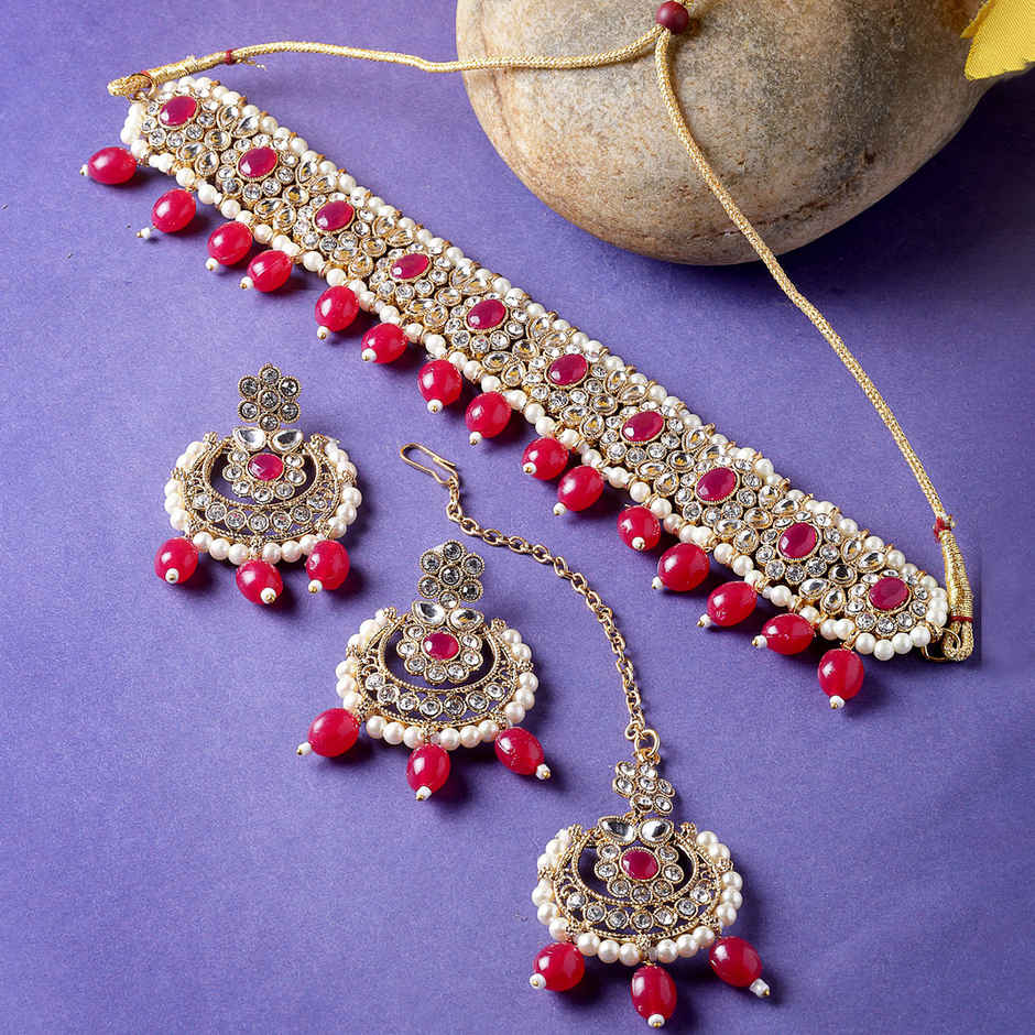 Sukkhi Ravishing Gold Plated Red Kundan & Beads Studded Choker Necklace Set