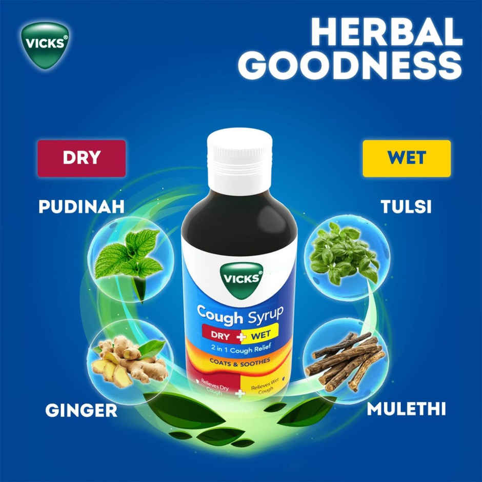 Vicks Cough Syrup, Fast Relief For Dry & Wet Cough, With Tulsi & Ginger Combo