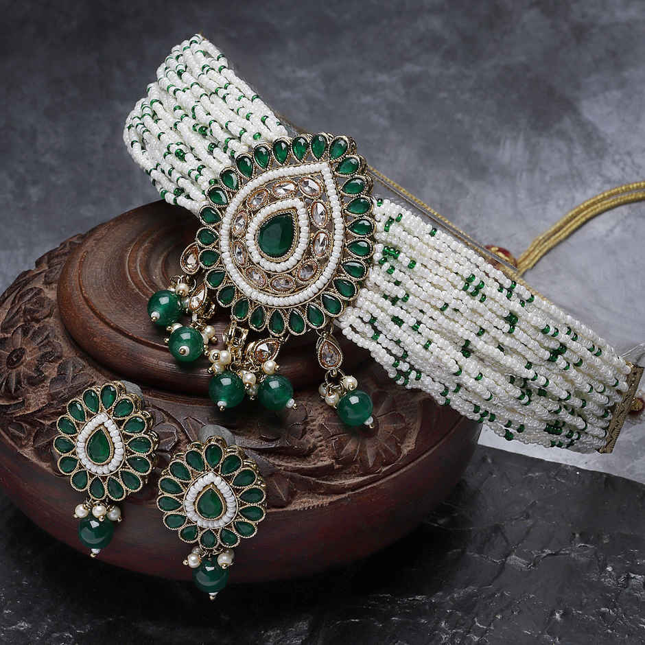 Sukkhi Amazing Gold Plated Green Kundan & Beads Studded Multistrand Choker Necklace Set