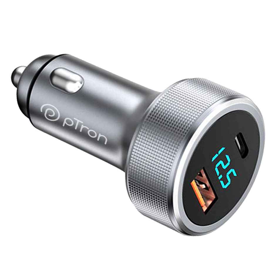 pTron Bullet Ultima 65W Car Charger | Super Fast Charging | Dual Outputs 45W Type-C PD & 20W USB - Grey