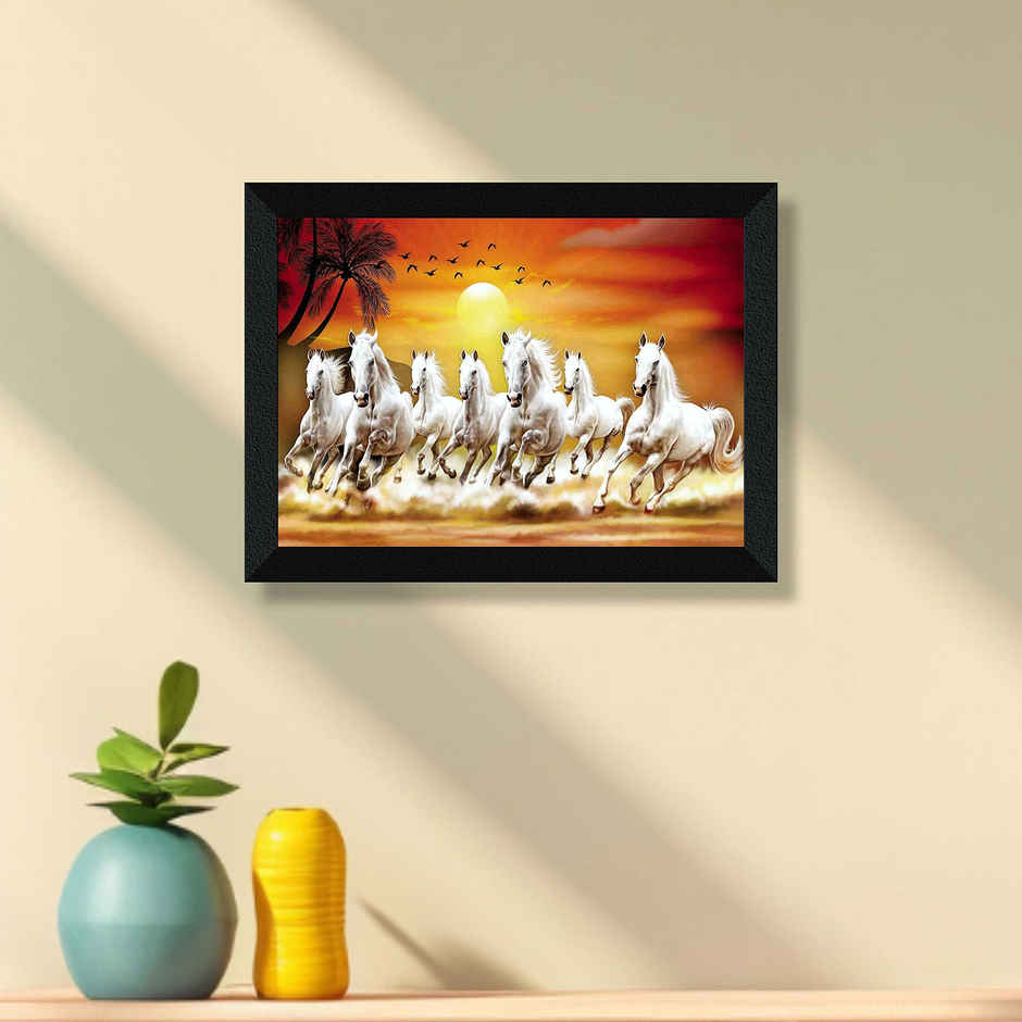 Saf 7 Running Horses Vastu Uv Textured Digital Reprint 14 Inch X 11 Inch Painting (With Frame)