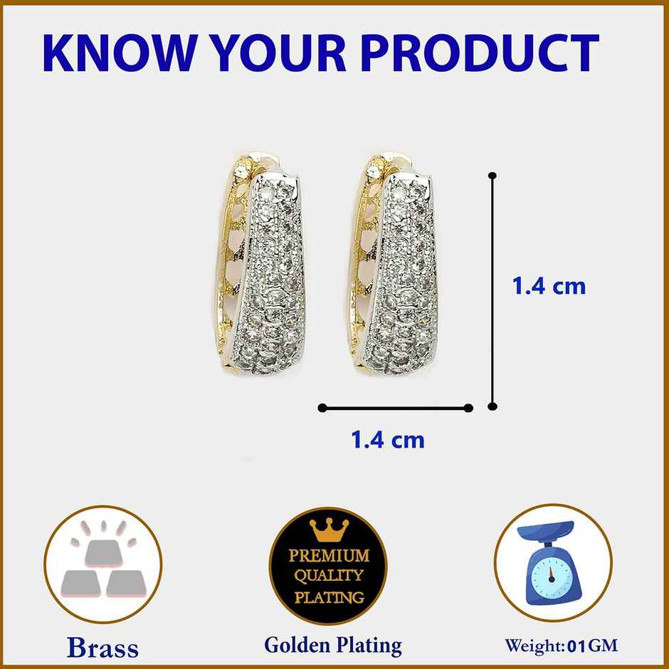 Zeneme Gold Plated Cubic Zirconia Studded Contemporary Hoop Earrings For Women & Girls