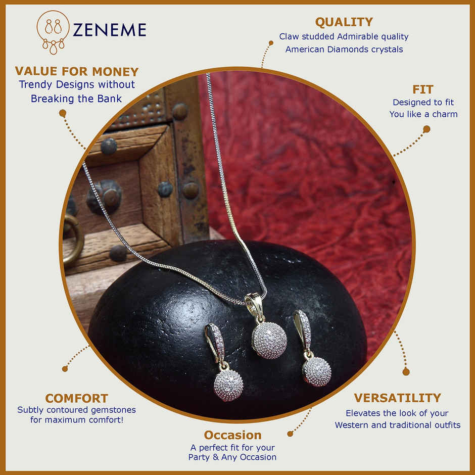 Zeneme Gold Plated Round American Diamond Studded Pendant with Chain and Earring For Women & Girls