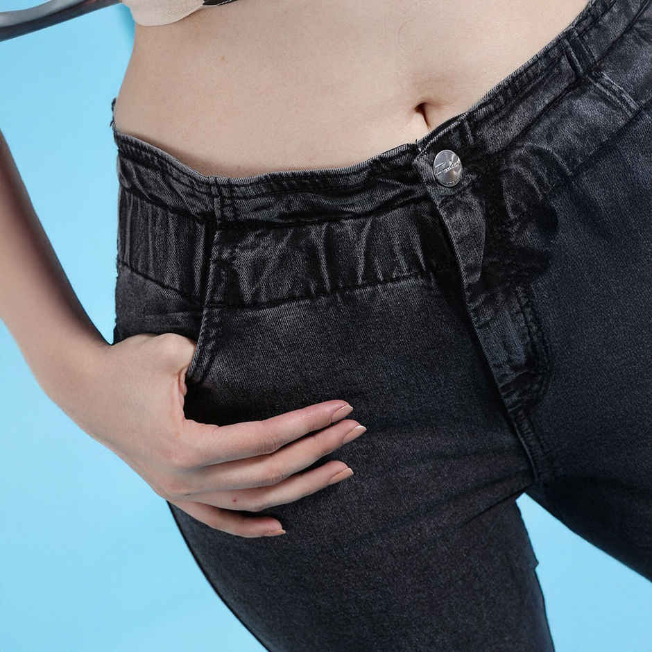 Freehand Women's Elasticated Ruffle Slim Fit Denim Jeans | Black - 28