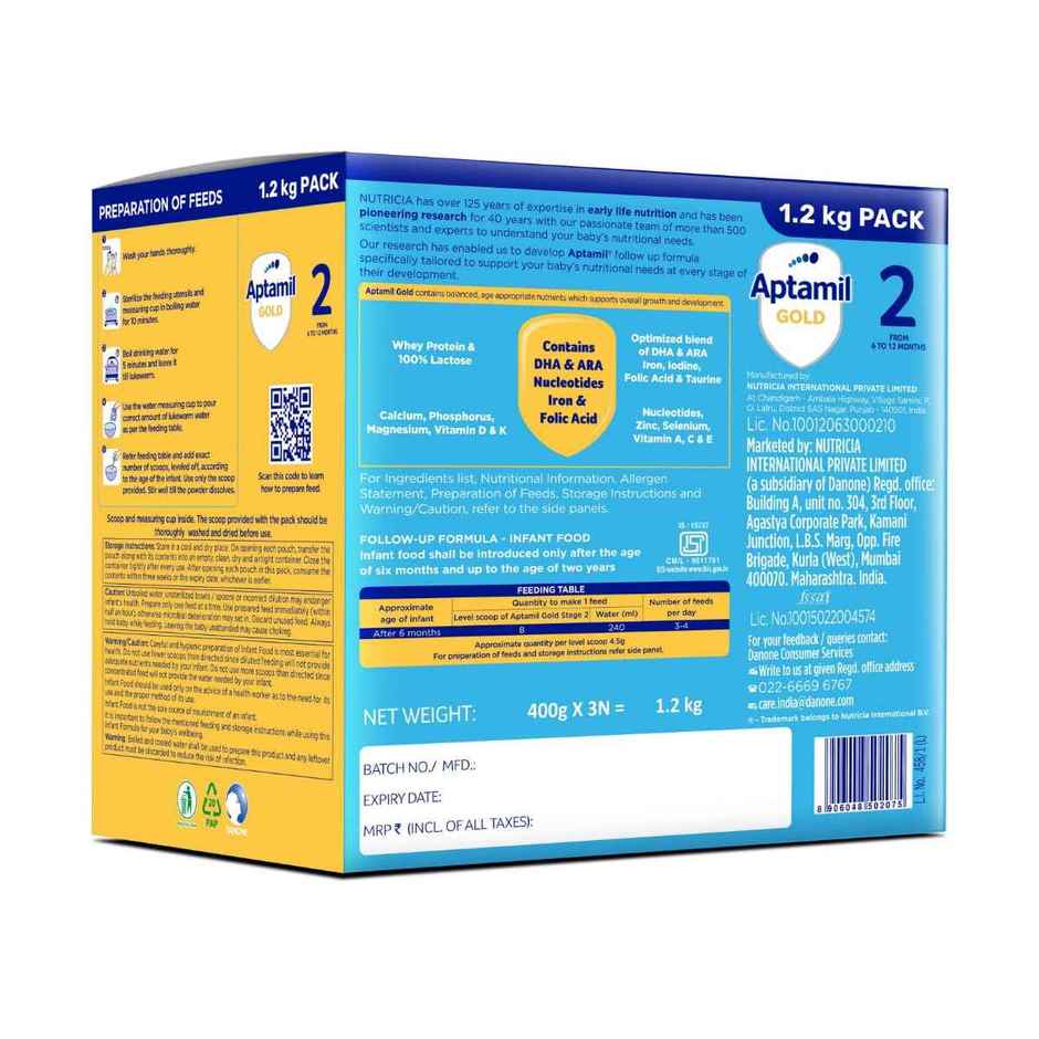 Aptamil Gold Infant Formula Milk Powder For Babies - Stage 2 | 6-12 Months | 1.2 Kgs - Large Pack