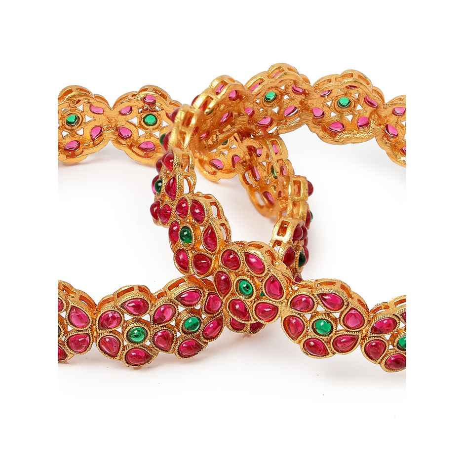 Sukkhi Floral Gold Plated Red And Green Broad Bracelets Bangle Set Jewellery for Women - 2.8