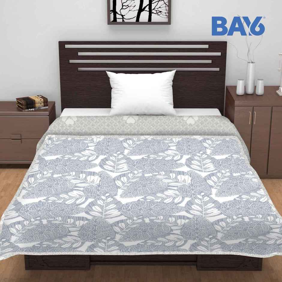 BAY6 Microfibre Leaf Print Single Bed Dohar - Grey & White | 150 x 220 cm