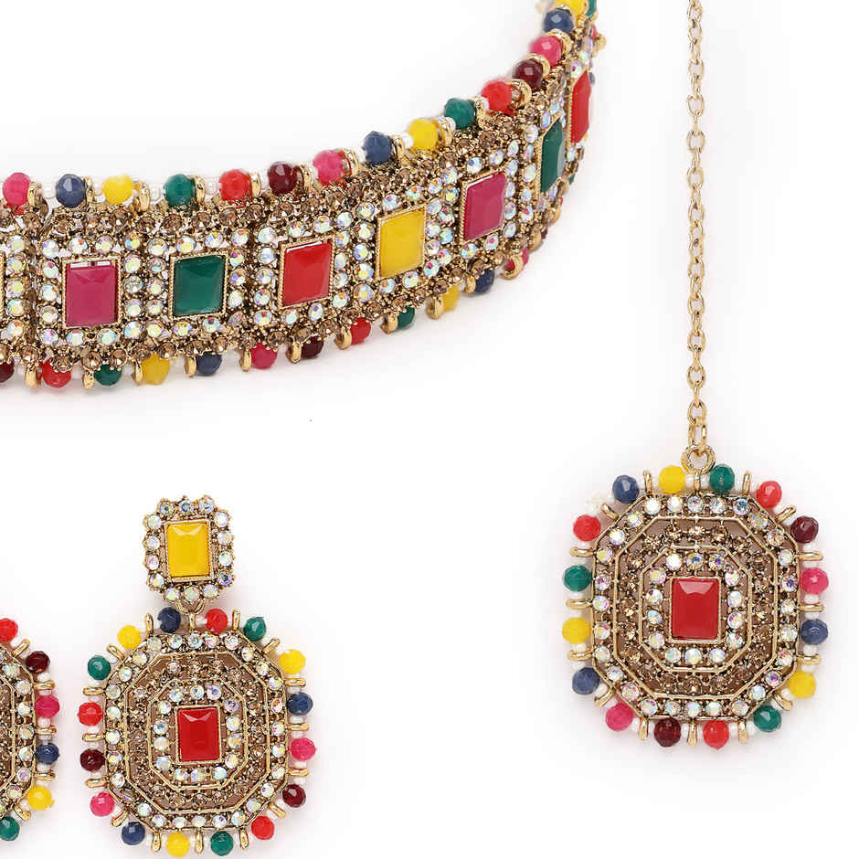 Sukkhi Exquisite Gold Plated Multi Kundan & Beads Studded Collar Necklace Set