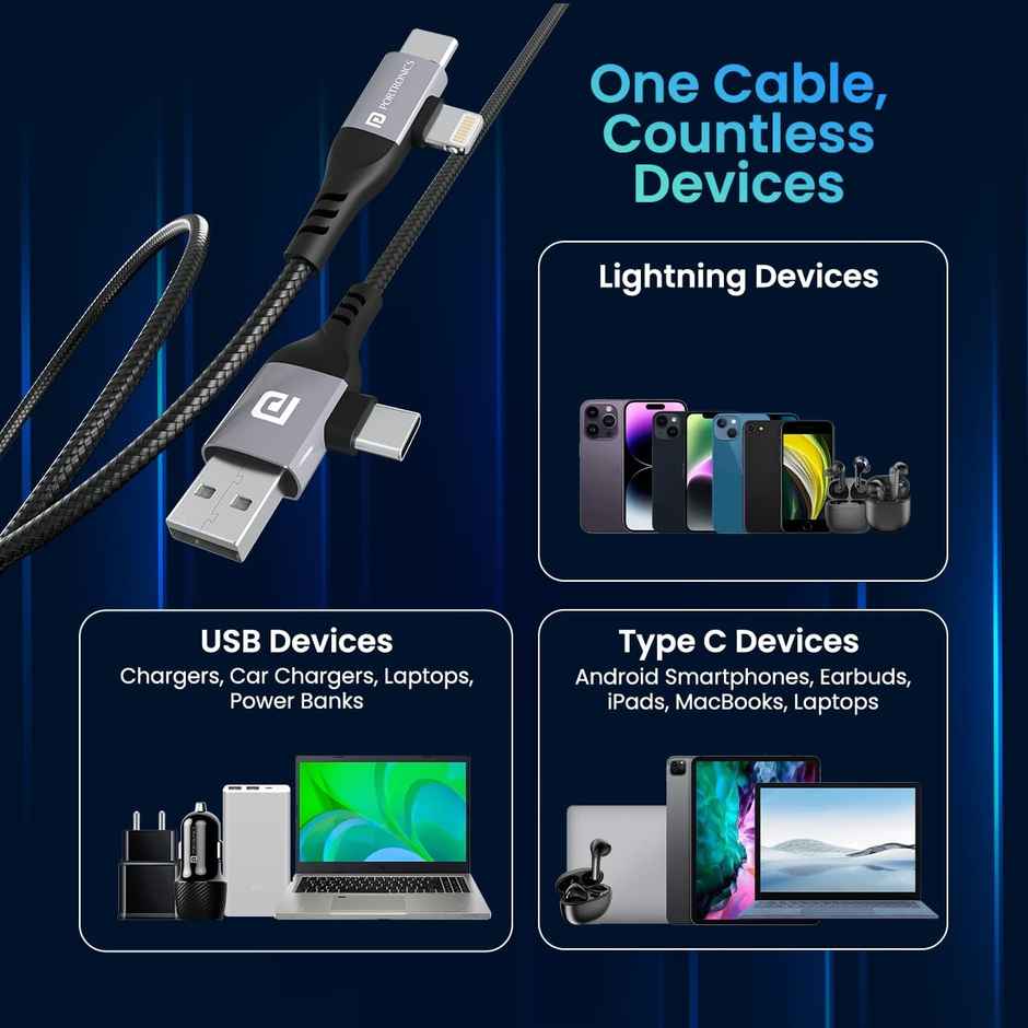 Portronics Konnect 4-in-1 Charging Cable | Type C to Type C/Lightning | for Android/iOS Devices