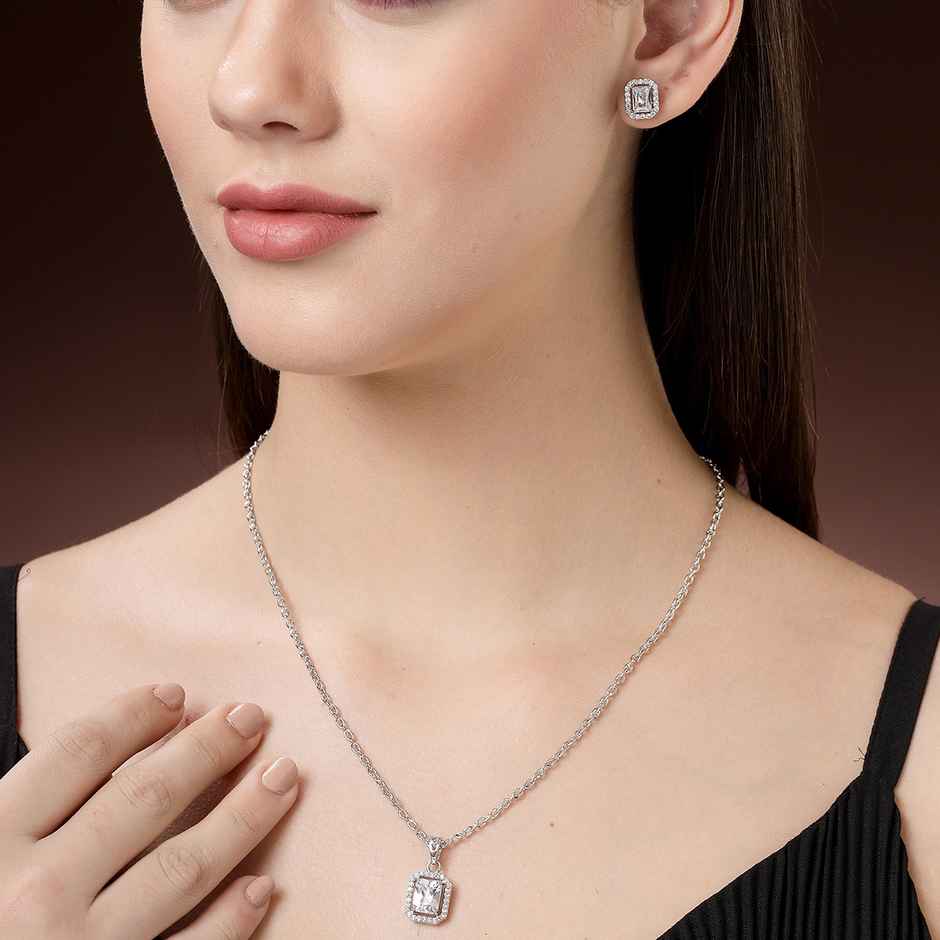 Zeneme Rhodium Plated AD Studded Luxe Sparkle Princess Cut Necklace and Earrings For Women & Girls